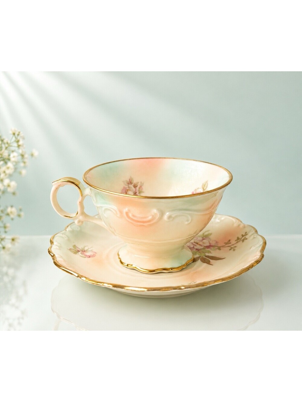 Schumann Arzberg Bavaria 1950s Tea Cup Saucer Wild Rose Iridescent Porcelain
